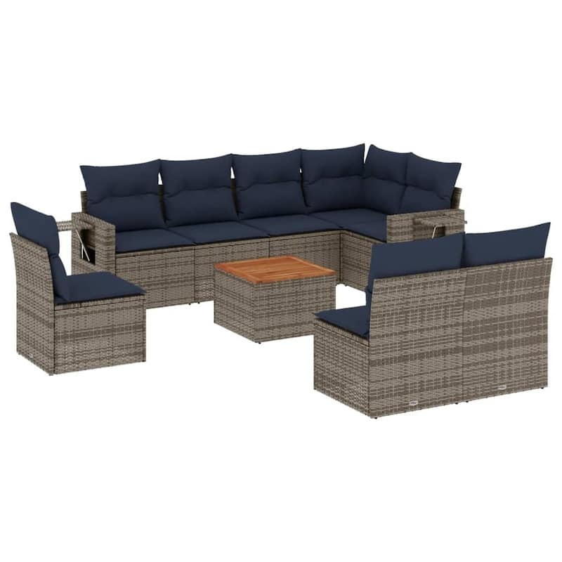 vidaXL 9 Piece Patio Sofa Set with Cushions Black Poly Rattan - 24.4" x 24.4" x 27.2"
