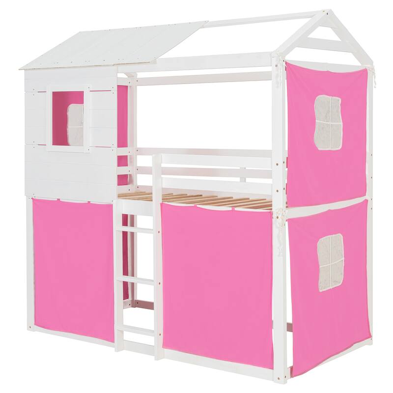 Roomfitters Twin Over Twin House Bunk Bed with Tent and Window, Playhouse Design