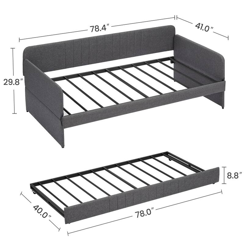 Grey Metal Daybed with Trundle, Twin Size, Space-Saving Design