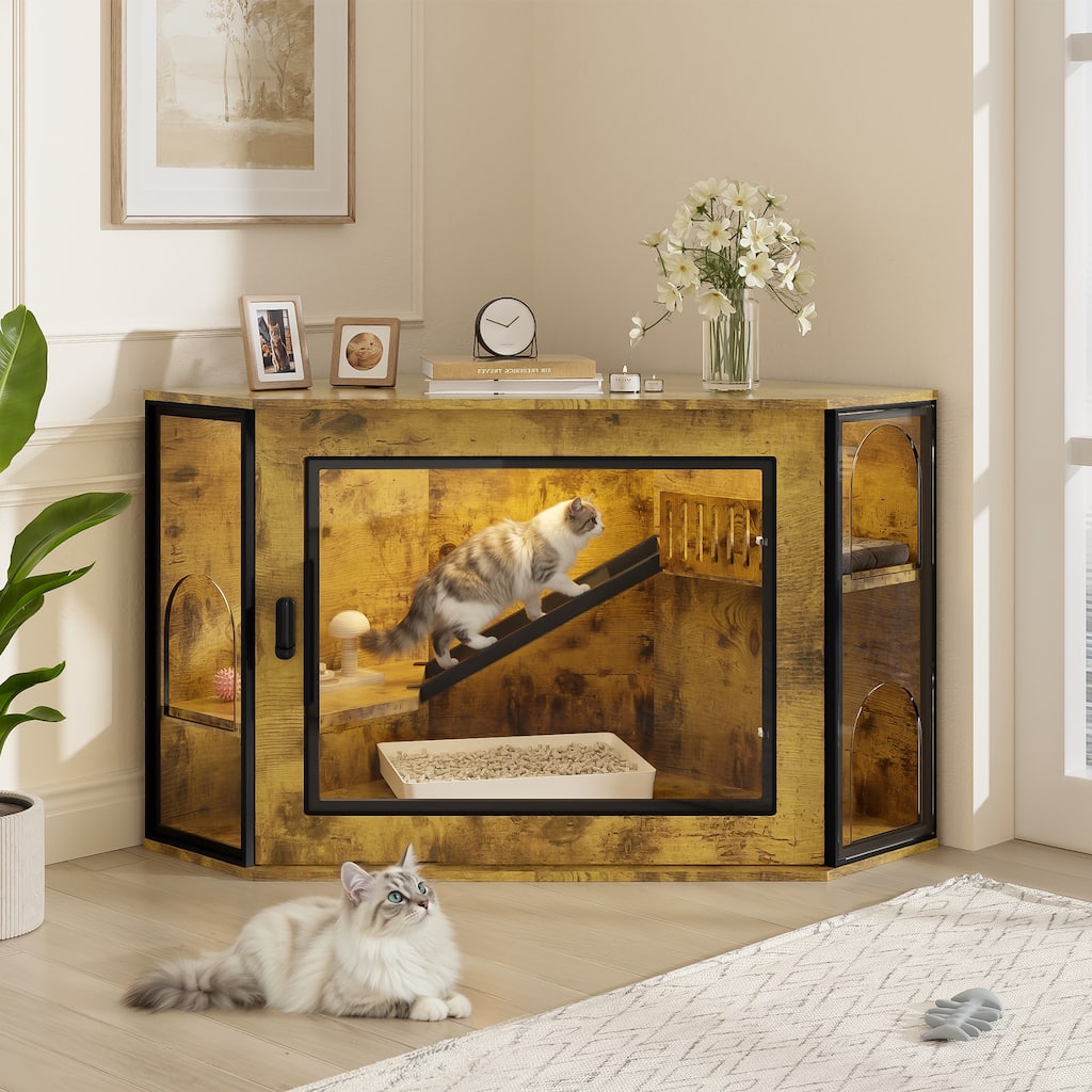 48" Corner Cat Litter Box Enclosure, Modern Hidden Litter Box Corner Cabinet with Acrylic Door and LED Light