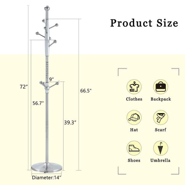dimension image slide 1 of 2, Roomfitters Tall Stainless Steel Coat Rack with Solid Wood Base, 72" Entryway Hanger with Detachable Stand