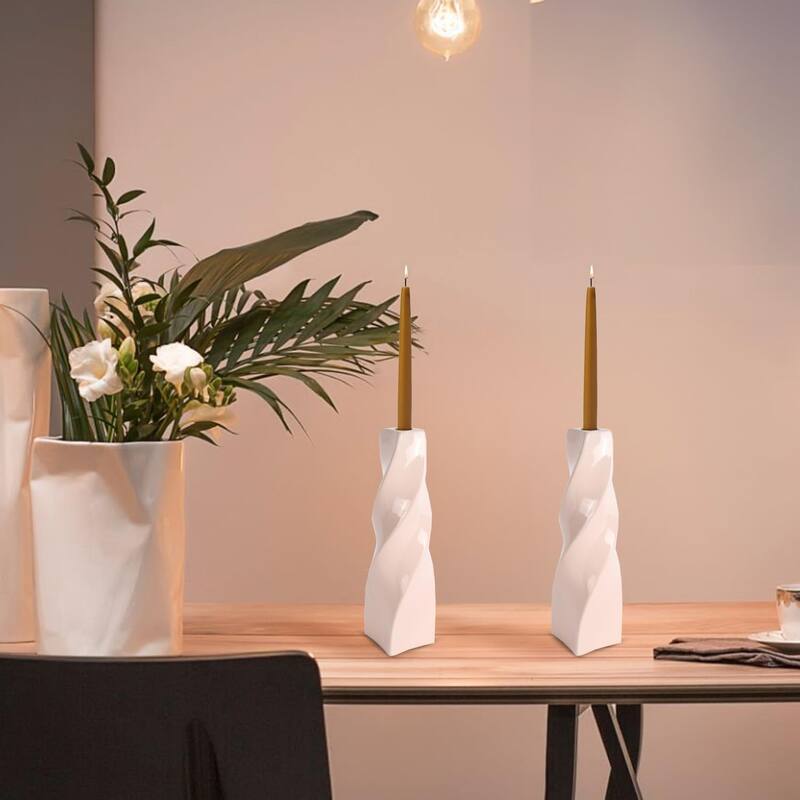 Vanilla Set of Two Tall Curvy Ceramic Candlesticks in Santa Fe Style