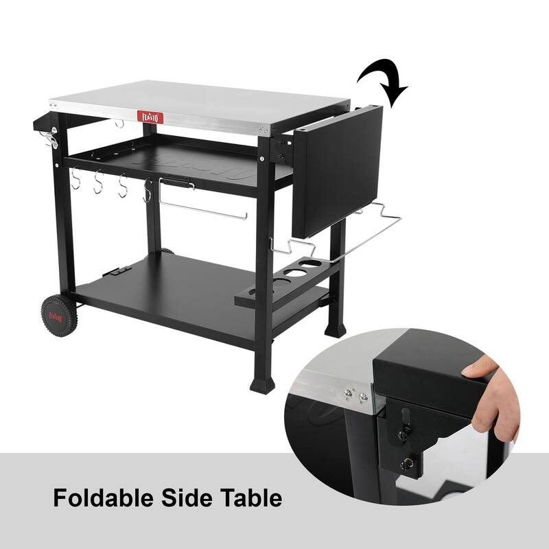 FEASTO 845001L 3-Shelf Indoor Outdoor Movable Food Prep Cart Station with Foldable Side Table - N/A