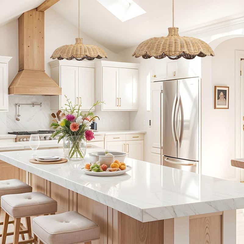 Aurelia Rattan Pendant Light - Natural Hardwired Light Fixture for Kitchen Island or Dining Room in Boho or Coastal Style