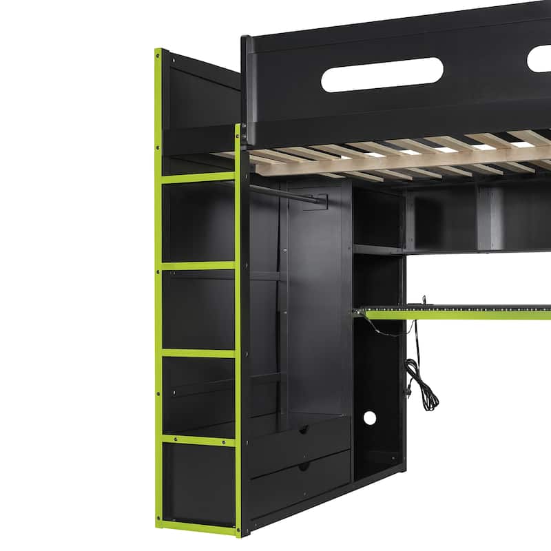 Full Size Wood Loft Bed with Desk & Wardrobe - Ample Storage and RGB Light