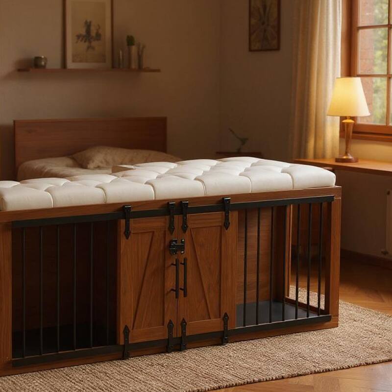 56"L, Furniture Style 2 in 1 Dog Crate with Padded Seat, Sliding Barn Door, Luxury Wooden Dog Kennel - Walnut+black