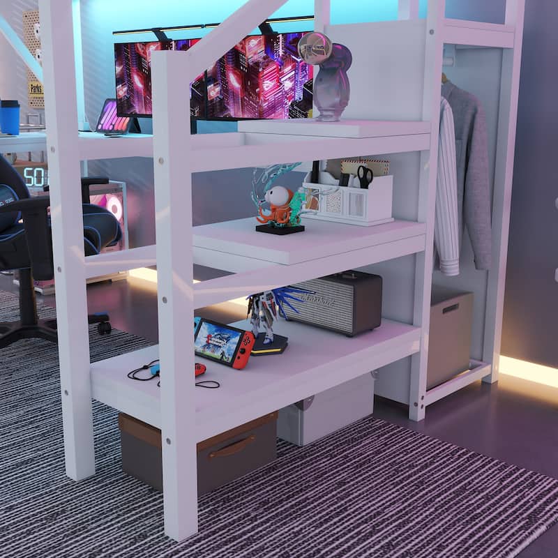 Metal Full Loft Bed with Wardrobe and LED Light, Full Size Loft Bed with L Shaped Desk and USB for Kids Teens Adults