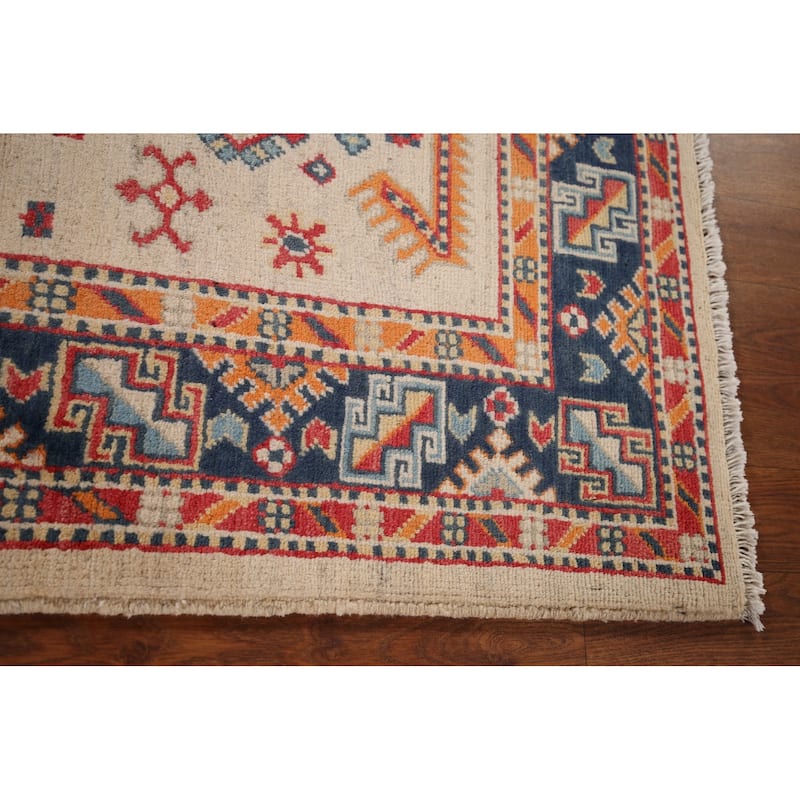 Kazak Area Rug Hand-Knotted Beige Geometric Wool Carpet - 4'0" x 6'1"