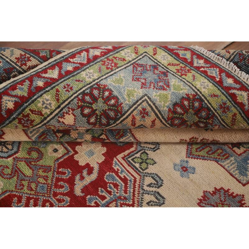 Geometric Beige Kazak Area Rug Handmade Wool Carpet - 5'1" x 6'4"