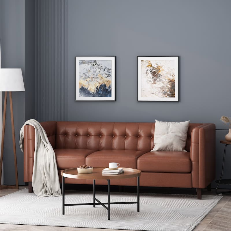 75.50" Faux Leather Sofa Couch with Wood Legs, Apartment Loveseat, Retro Upholstered Sofa for Living Room - Light Brown
