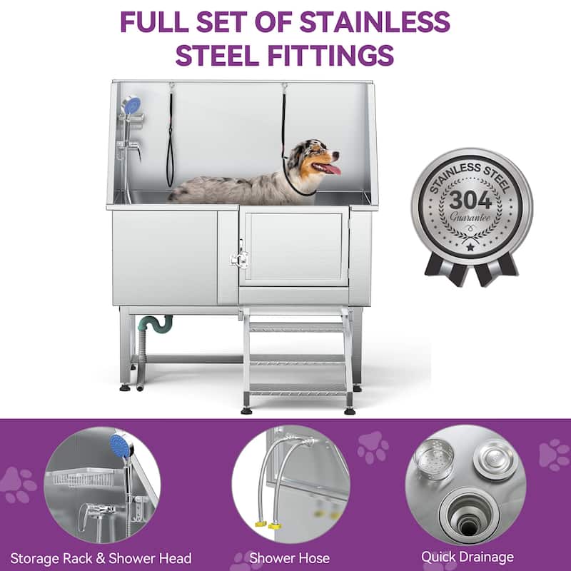 50'' W Stainless Steel Adjustable Pet Grooming Tub with Steps - Silver