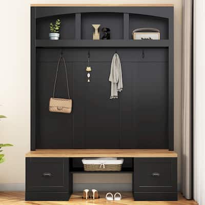 Hall Tree Entryway Cabinet with Wood Bench & Hooks, Coat Rack Storage Cabinet with Adjustable Shelves