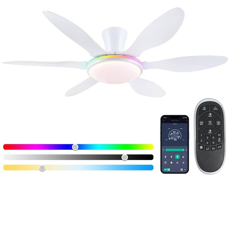 51 Inch Flush Mount Ceiling Fan with Light,Low Profile Ceiling Fan with 3 CCT LED - 51 Inches - White-RGB