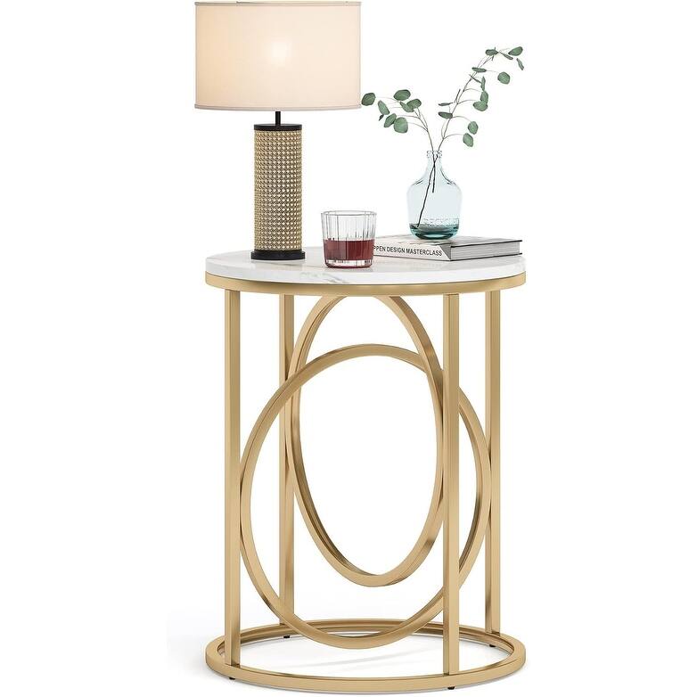 20" Round End Table, White and Gold Accent Table