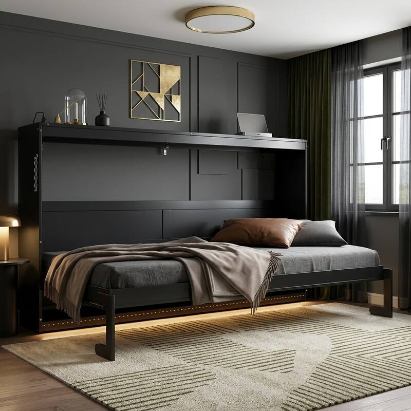 SideFold Murphy Bed with Geometric Art Panels, USB Power Hub & LED Glow by Harper&Bright Designs