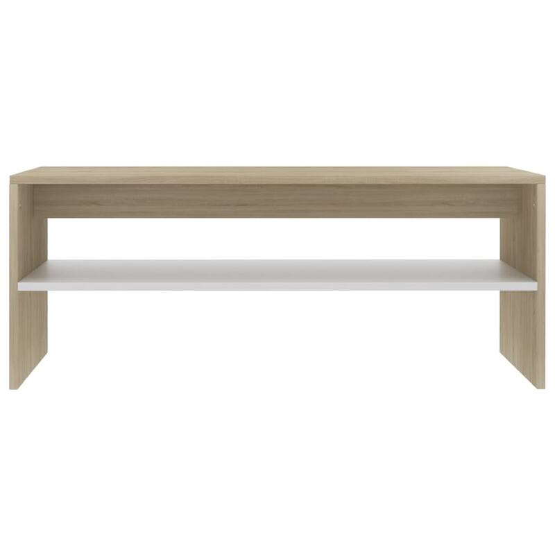 39 Inch Coffee Table w Shelf, Rectangular, Oak Beige and White Wood