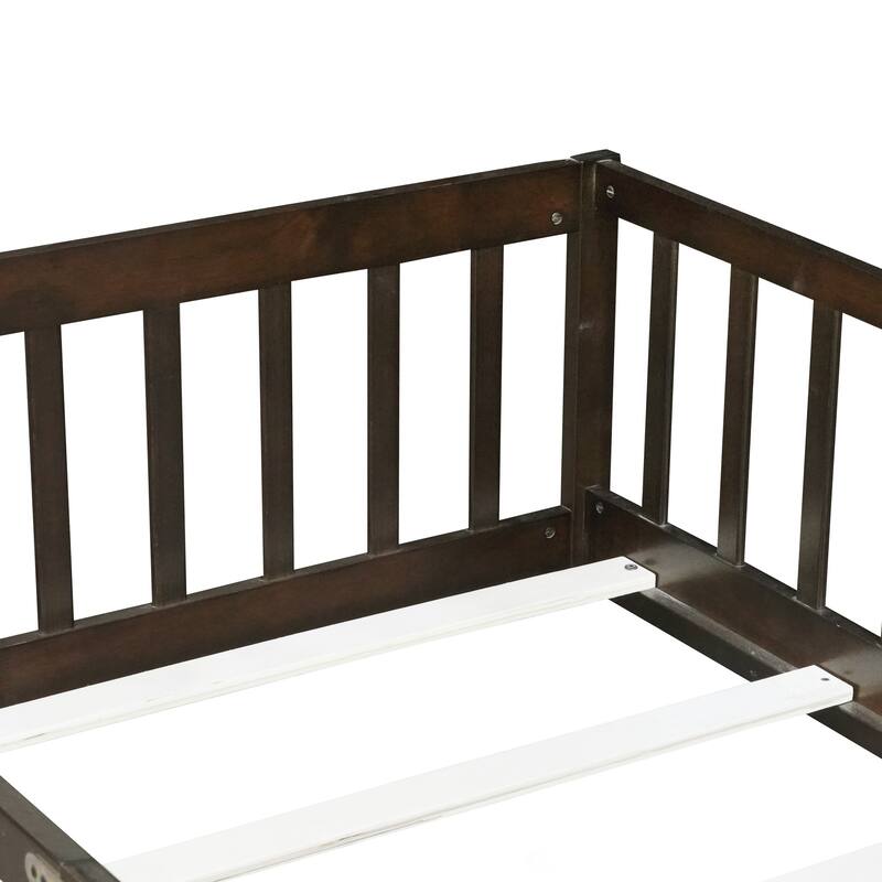 Twin Size Floor Bed with Fence and Door,Rubber Wood Floor Bed with Safety Guardrails