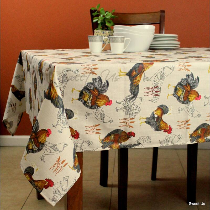 Wipeable Spill Resistant Acrylic Coated Rustic French Country Rooster Tablecloth