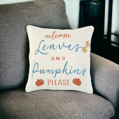 HomeRoots 20" Ivory Blue and Orange Thanksgiving Cotton Pillow With Applique, Embroidery Edges