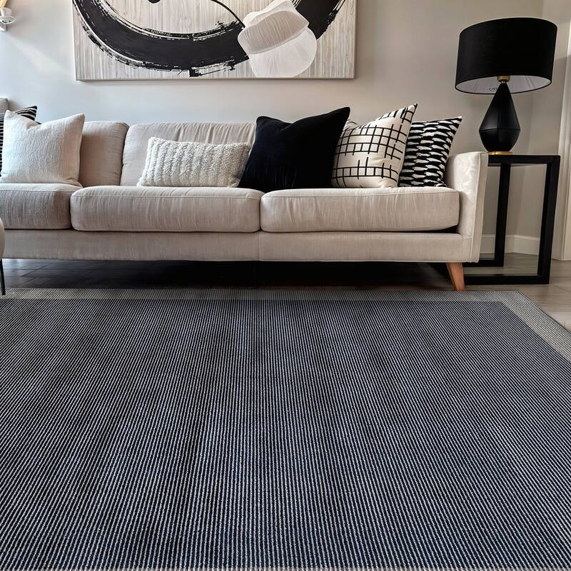 Modern Geometric Stripe Bordered Area Rug for Living Room, Bedroom, or Entryway - Low Pile Indoor Rug - Navy - 5' x 7'