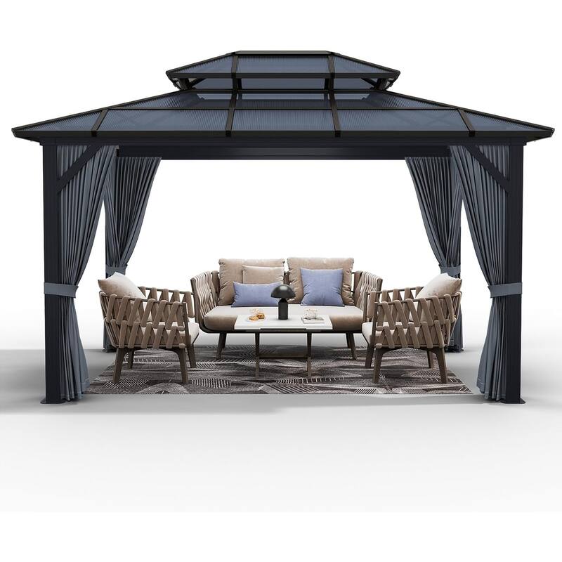 Hardtop Outdoor Double Roof Gazebo, Aluminum Frame Permanent Pavilion with Curtains and Nettin