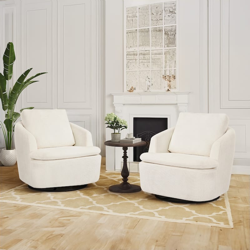 360° Modern Swivel Accent Chair, Chenille Armchair Comfy Round Sofa Chair, Swivel Barrel Chair For Living Room - 2 SET Ivory white