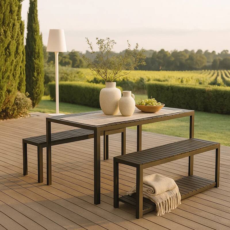 Plank Dining Table and Bench with Metal Legs, Set of 3, Black and Brown