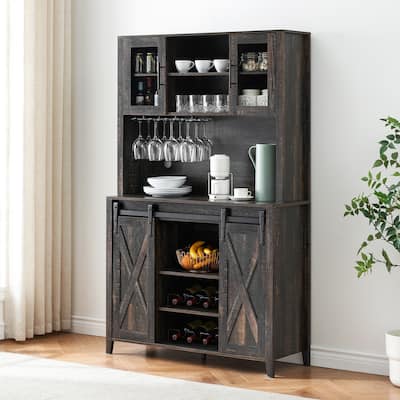 Bar Cabinet with Sliding Barn Door Wine and Glasses Rack