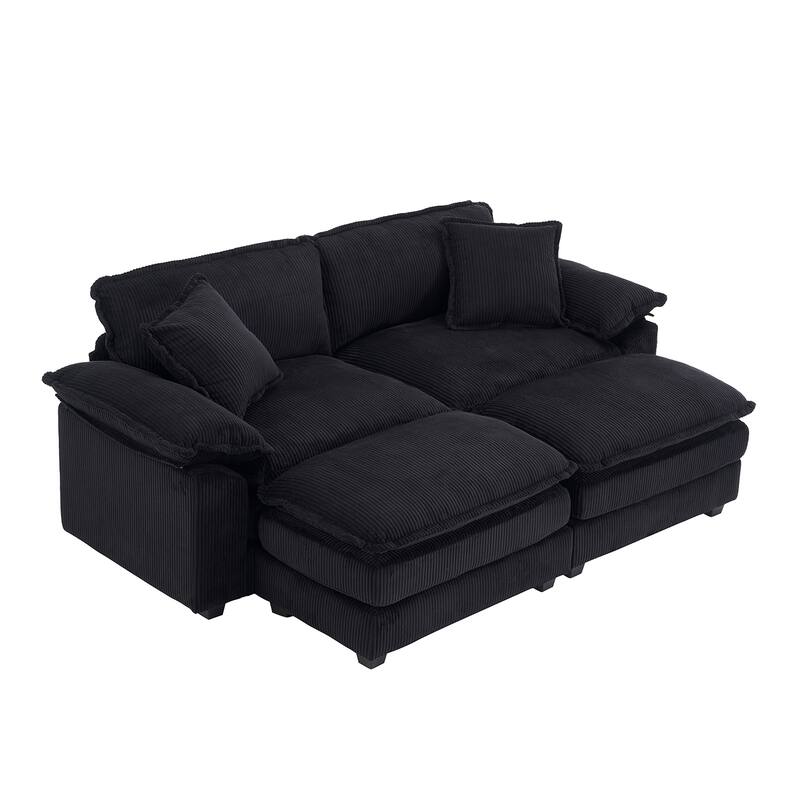 84.6" Corduroy 2-seats sofa With 2 back pillows,2 toss pillows and two ottoman
