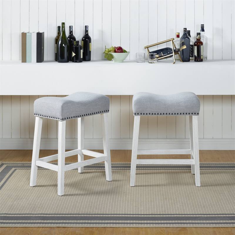Set of 2 Upholstered Counter Height Backless Saddle Seat Stools - Light Grey