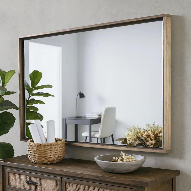 Rectangular Wooden Frame Incased Mirror with Raised Edges, Natural Brown