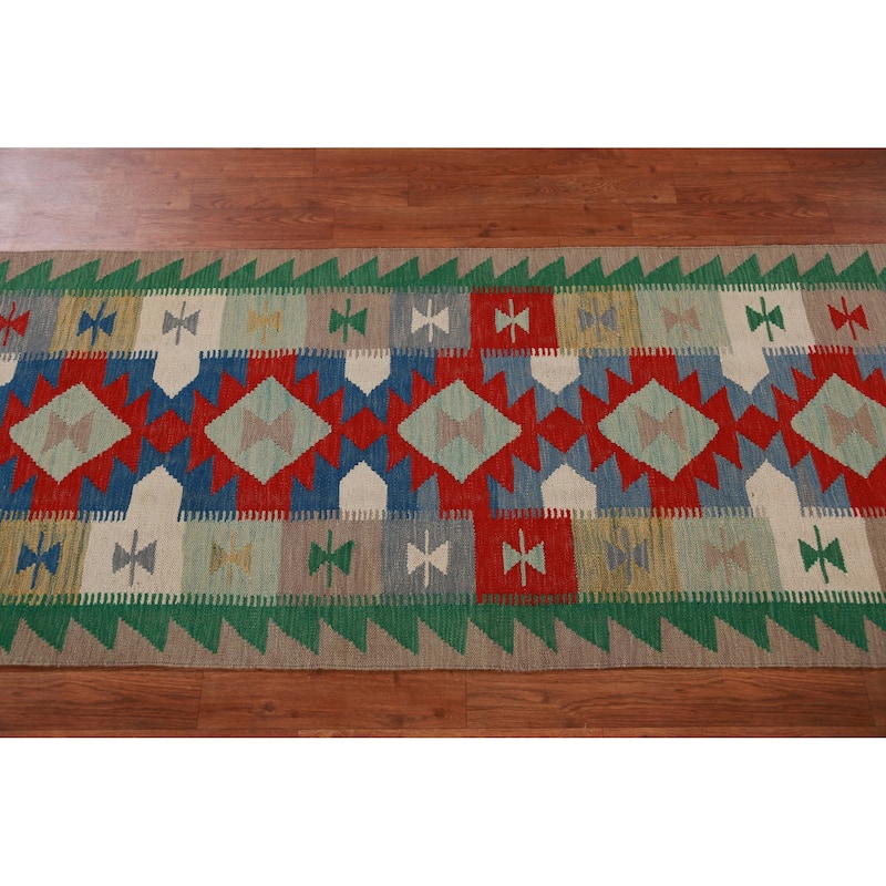 Hand Woven Oriental 100% Wool Carpet Southwestern Geometric Multi-Colored Kilim Runner Rug - 12' 9'' X 2' 7''