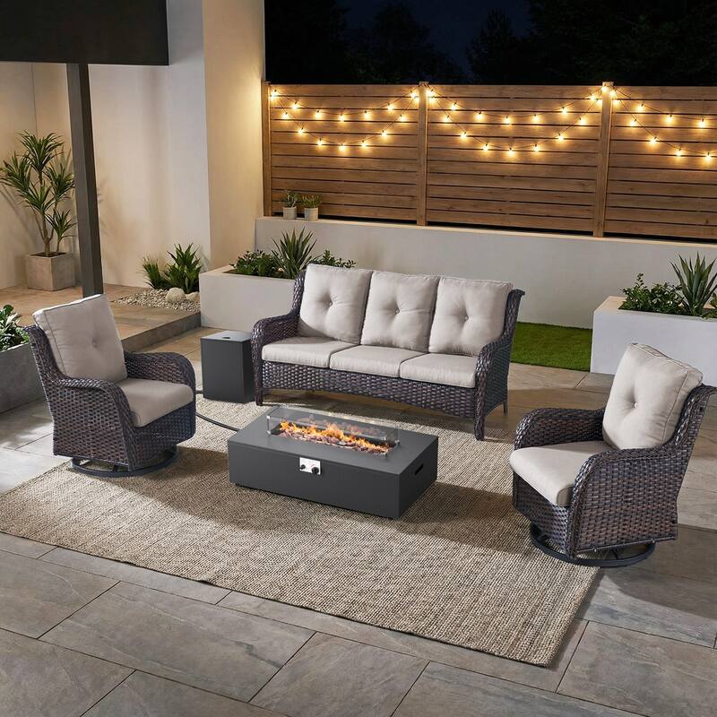 Pocassy Outdoor 5 Pieces Sofa Swivel Chair with Fire Pit Table - Brown Wicker Beige Cushion - 5-Piece Sofa Swivel Chair with Fire Pit Table