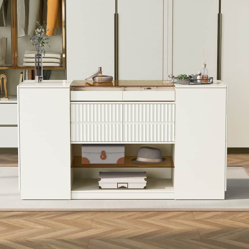 Modern Luxury Multi-Functional Island Vanity Dresser and Storage Cabinet with Glass Tabletop,Display Shelf,6 Drawers for Bedroom