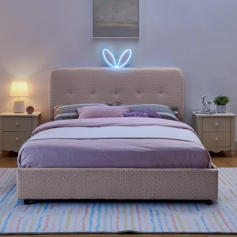 Queen Size Boucle Upholstered Bed with Rabbit Ear Headboard, LED Music Sync & 4 Drawers
