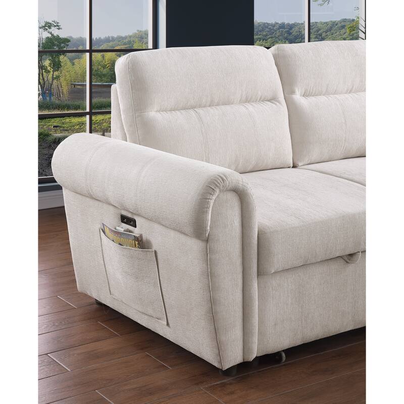97"W Beige Chenille Reversible Sofa Chaise w/ USB & Storage