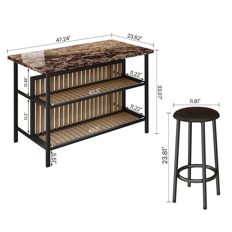 Grondin Mid-Century Modern 3-Piece Faux Marble Top Kitchen Island Set with 2 Stools and Shelves