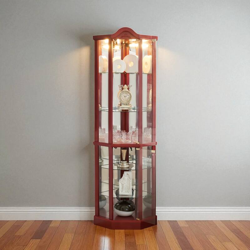 Lighted Corner Curio Cabinet with Glass Doors, Adjustable Shelves & Carved Cherry Decor, Elegant Display Cabinet for Home