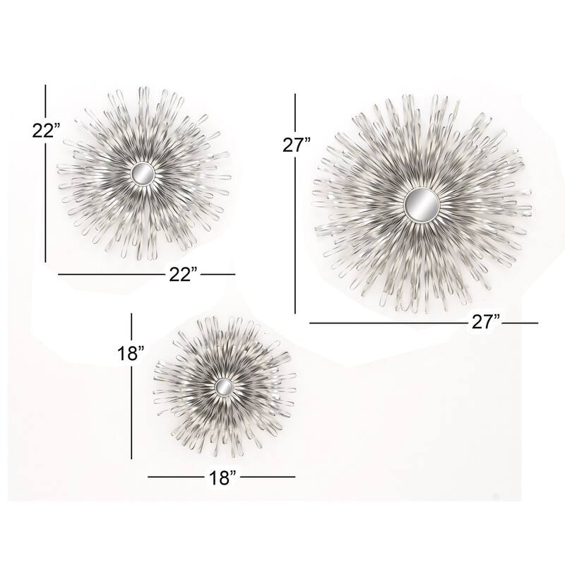 Metal Sunburst 3D Looped Home Wall Decor with Mirror Accent - Set of 3 Gold or Silver - Roche River Decor