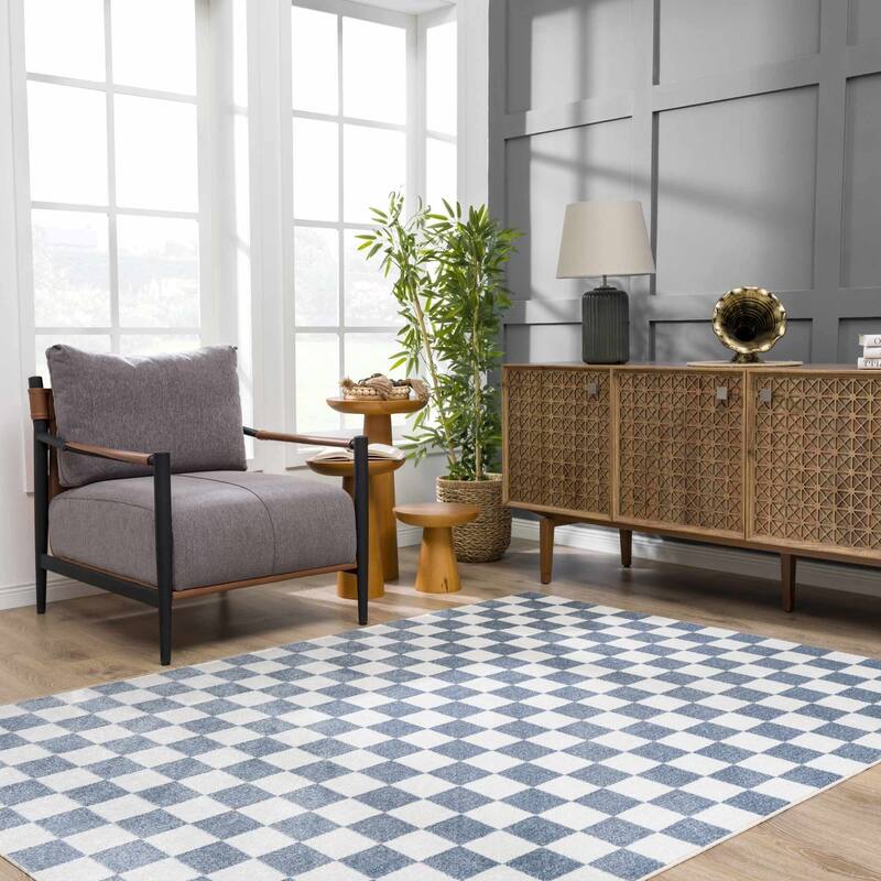 Hauteloom Brone Living Room, Bedroom Machine Washable Area Rug - Farmhouse - Blue, Off White - 2' x 2'11"