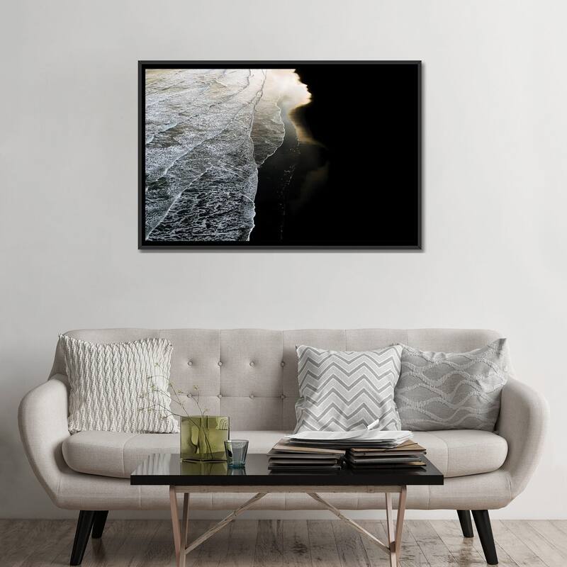 iCanvas "Minimal Waves Crashing On A Black Sand Beach In Iceland During Sunset" by Michael Schauer Framed Canvas Print