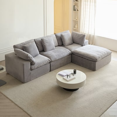 Flannel Sleeper Sofa Bed Modular Deep Seat Couch L-shaped Sectional Sofa with Ottoman Chaise Lounge and Pillows for Living Room