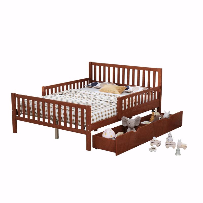 Wood Platform Bed with Guardrails on Both Sides and Two Storage Drawers