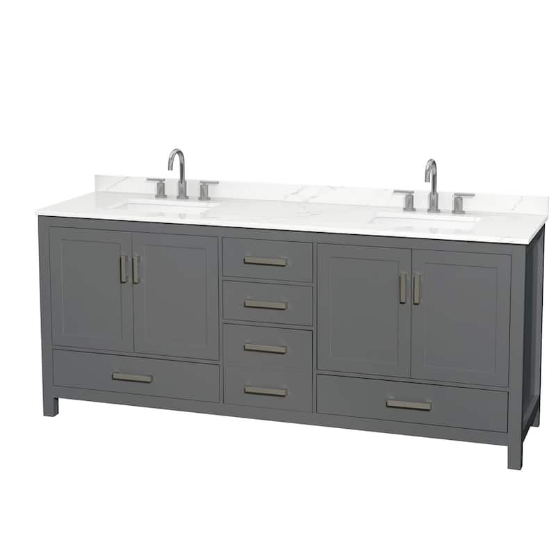 Sheffield 80-inch Double Vanity, 3 Hole Quartz Top - Dark Gray, Chrome Trim, Giotto Quartz Top