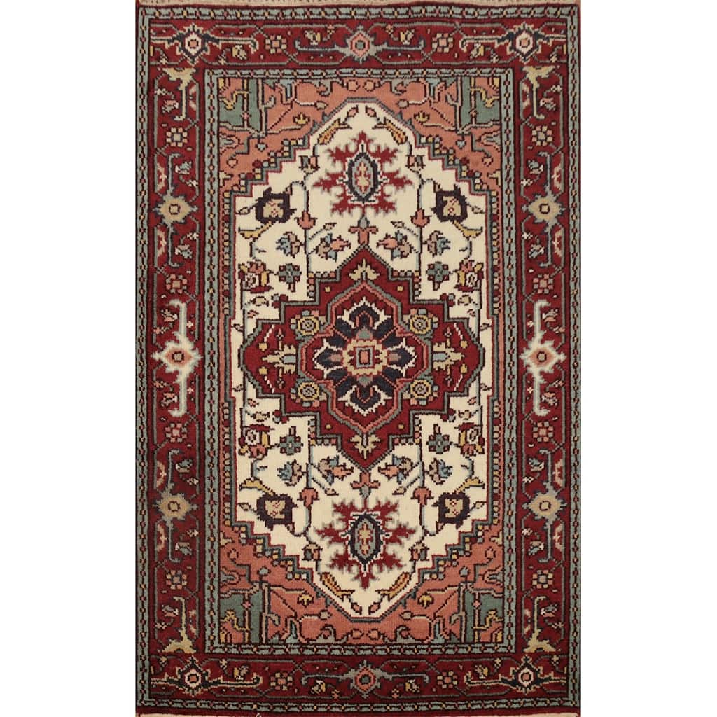 Hand Knotted Oriental 100% Wool Carpet Traditional Medallion Beige & Ivories Heriz (serapi) Area Rug - 5' 10'' X 4' 0''