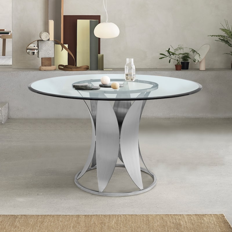 Petal Modern Glass and Stainless Steel 48" Round Dining Table with Pedestal Base