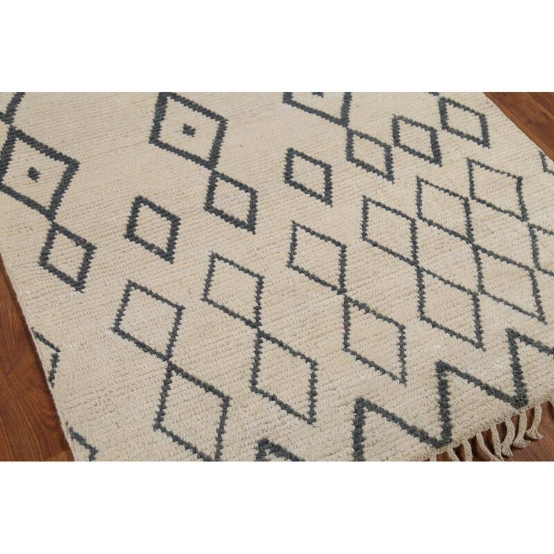 Modern Geometric Moroccan Runner Rug Hand-Knotted Wool Carpet - 3'11"x 11'7"