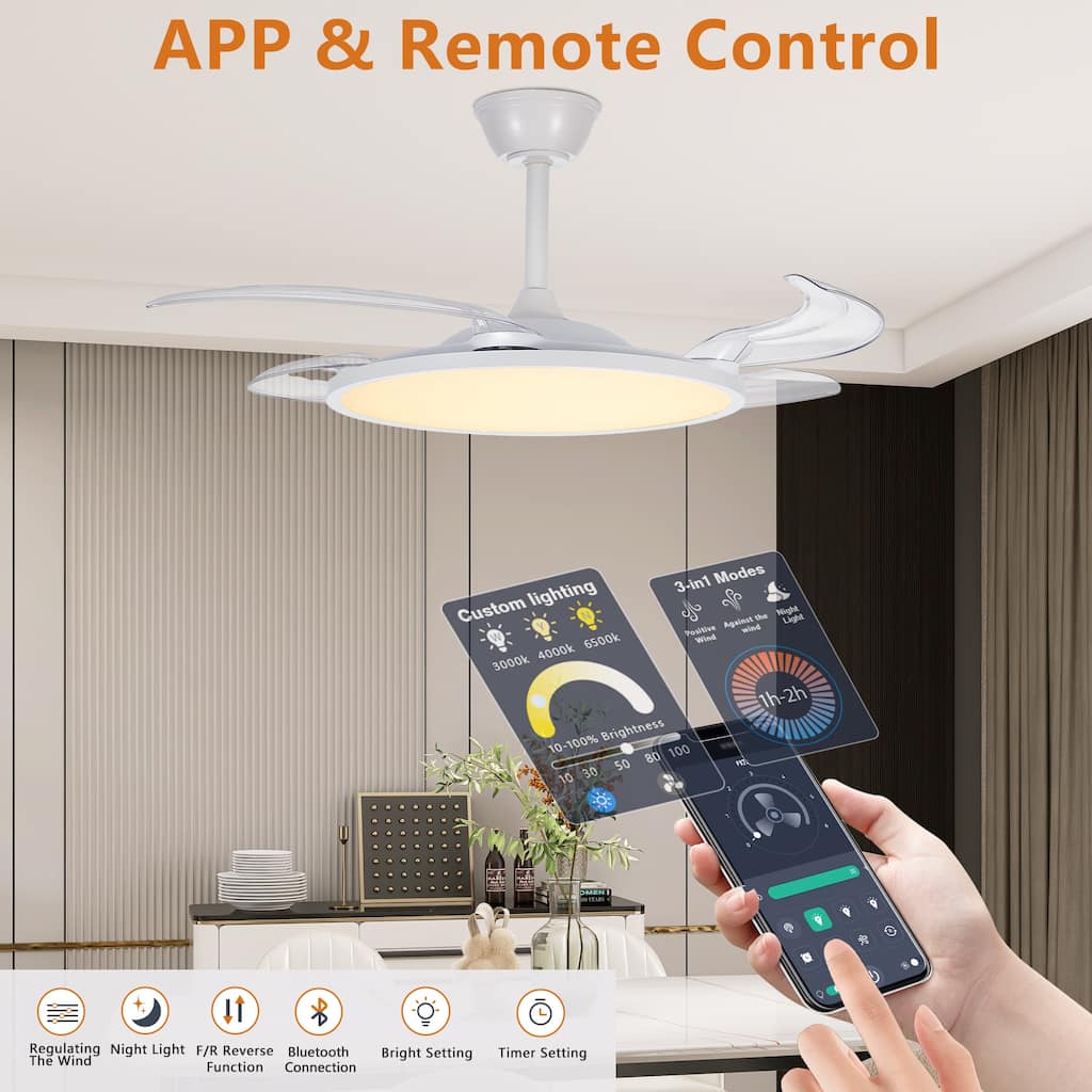 42 Inch Retractable Ceiling Fan with Light, Smart APP/Remote Control Ceiling Fan Light for Bedroom Living Room