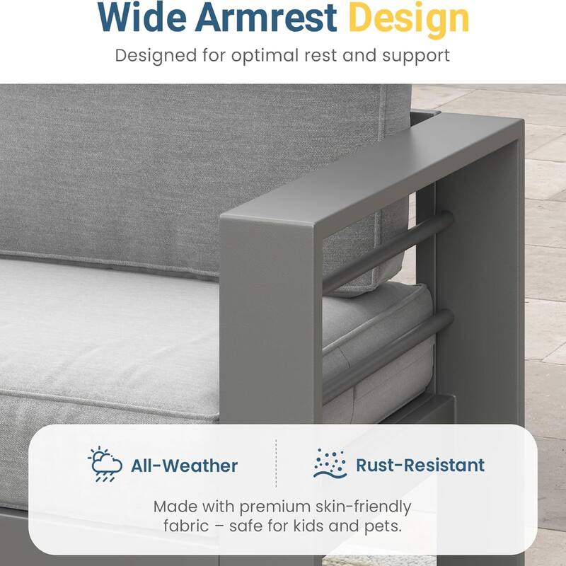 Set of 2 28" Metal Patio Armchairs with Thick Gray Cushions Gray Frame