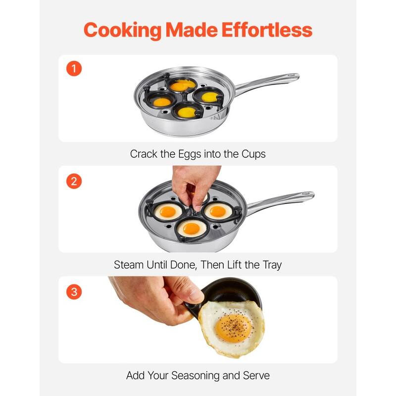 Silver Stainless Steel Egg Poacher Pan with 4 Cups and Glass Lid - 14.69 x 8.86 x 4.33 in